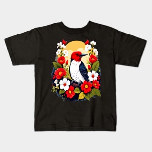 Cute Red Headed Woodpecker Surrounded by Vibrant Flowers Kids T-Shirt